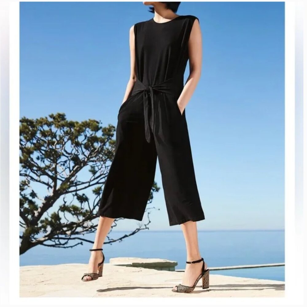 Eileen Fisher Washable Stretch Crepe Jumpsuit Large Front Tie Wide Leg Black - Picture 2 of 9